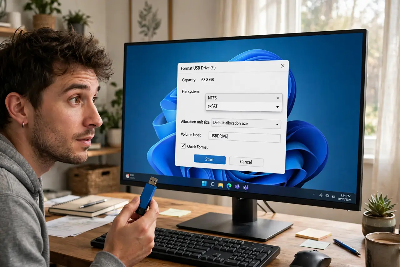 A person looking at the real Windows Format dialog with the File system dropdown showing NTFS and exFAT legibly on a