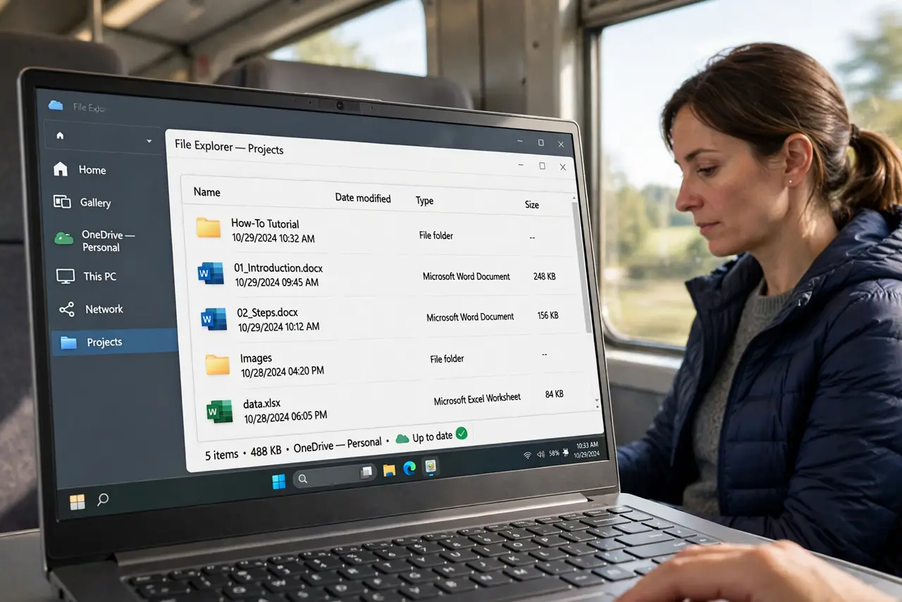 a person working on a real Windows laptop on a train, the screen showing File Explorer with a legible folder and a sync icon, the person's face focused, trai...