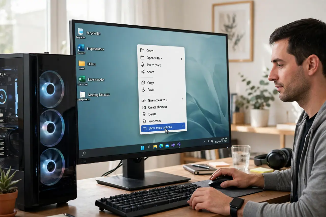 Photoreal photo of a person performing the first step: Use 'Show more options.' Right-click anything, then click 'Show more options' at the bottom ...