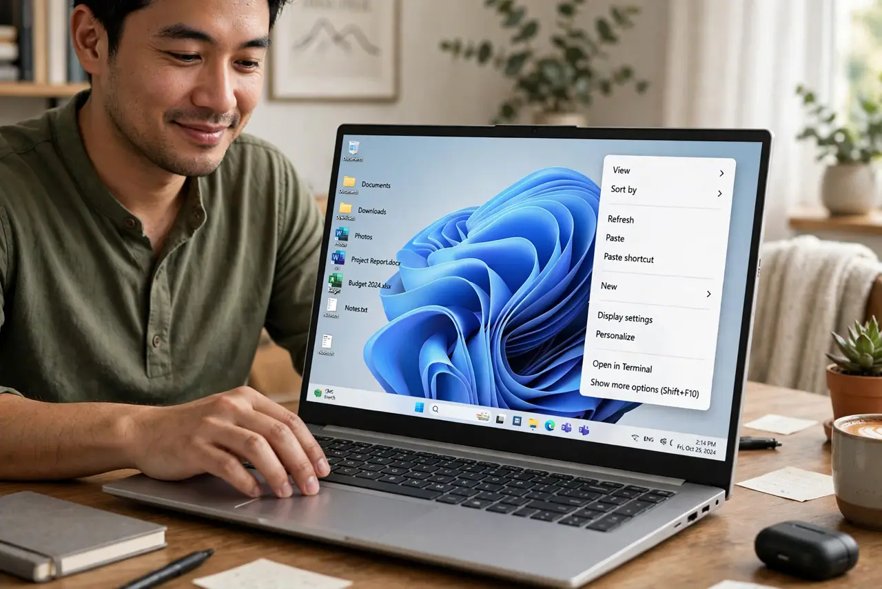 Photoreal photo: a person right-clicking on a real Windows 11 desktop showing the classic full context menu with many options legible, the person's face satisfied, home office. No black screen, no blank white scree...