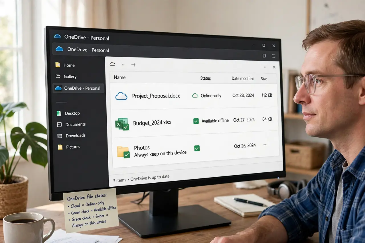 A person performing the first step: Understand the three states. Cloud icon: online-only, downloads on open. Green.