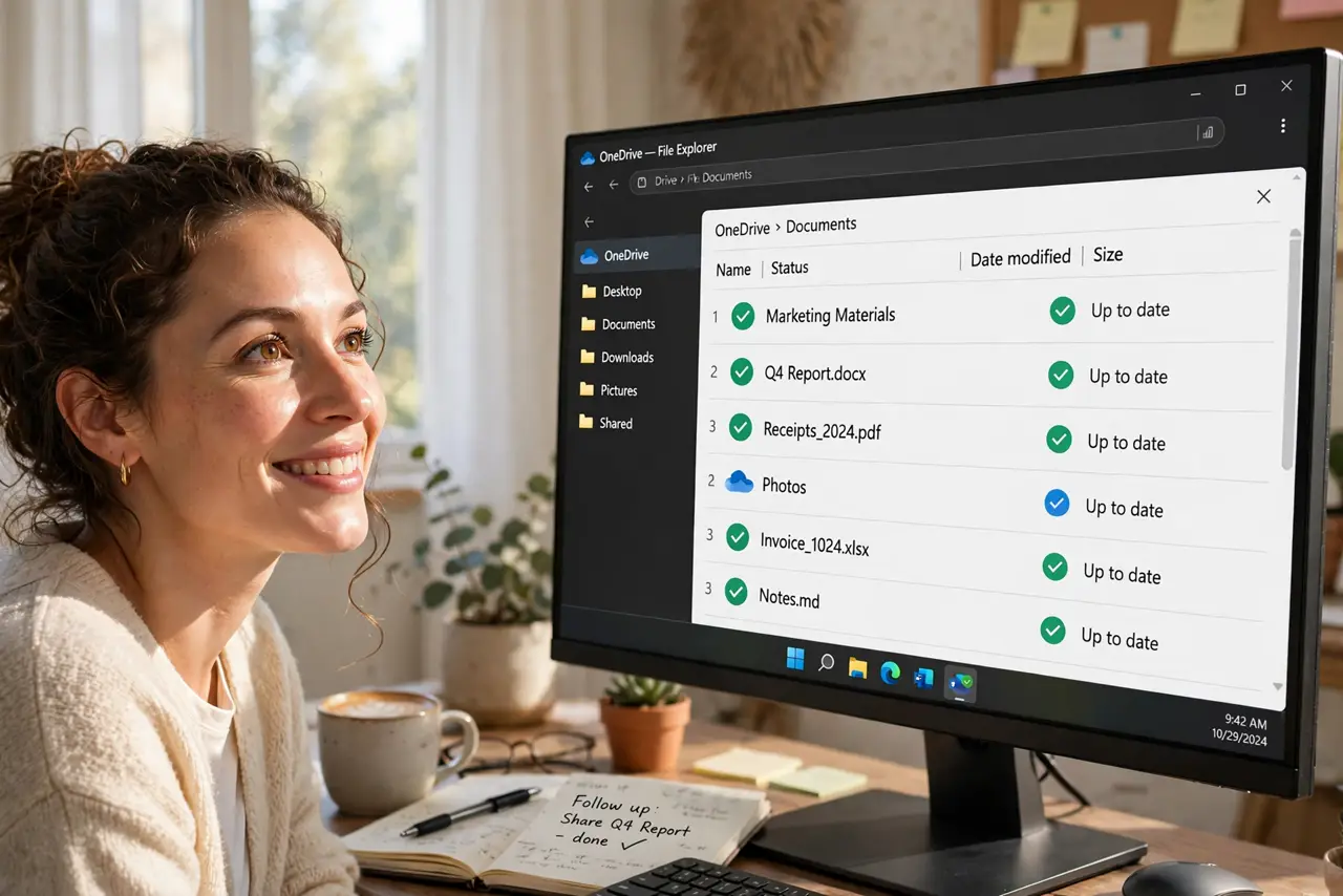 A person looking at a real Windows File Explorer window showing OneDrive files with legible cloud and checkmark status