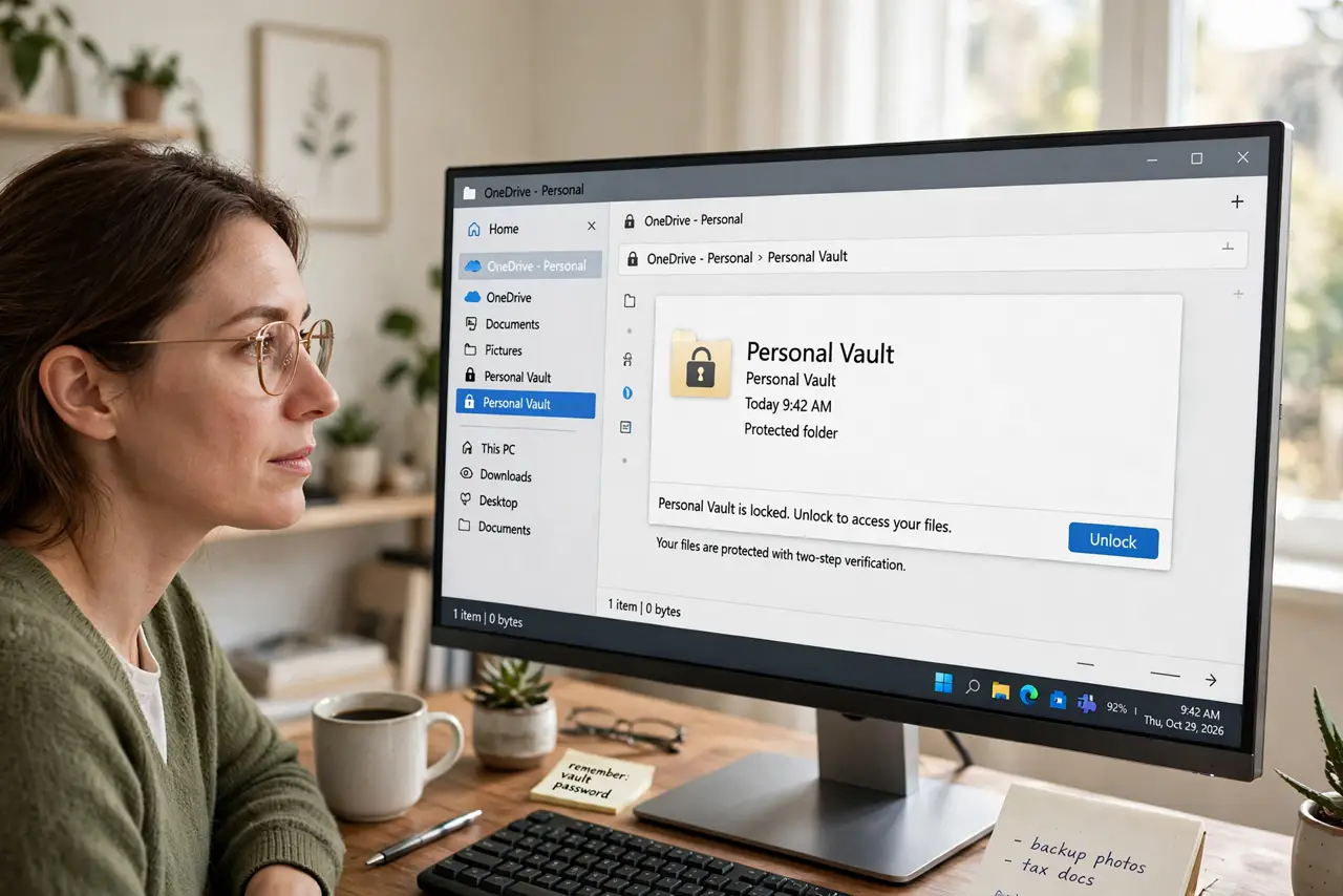 A person performing the first step: Find Personal Vault. In File Explorer, open your OneDrive folder. Personal Vault.