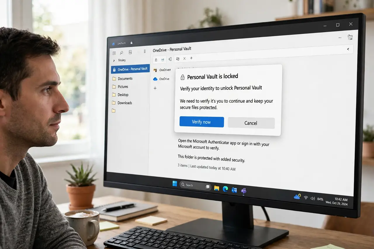 A person looking at a real Windows File Explorer window showing the OneDrive Personal Vault folder with its lock icon
