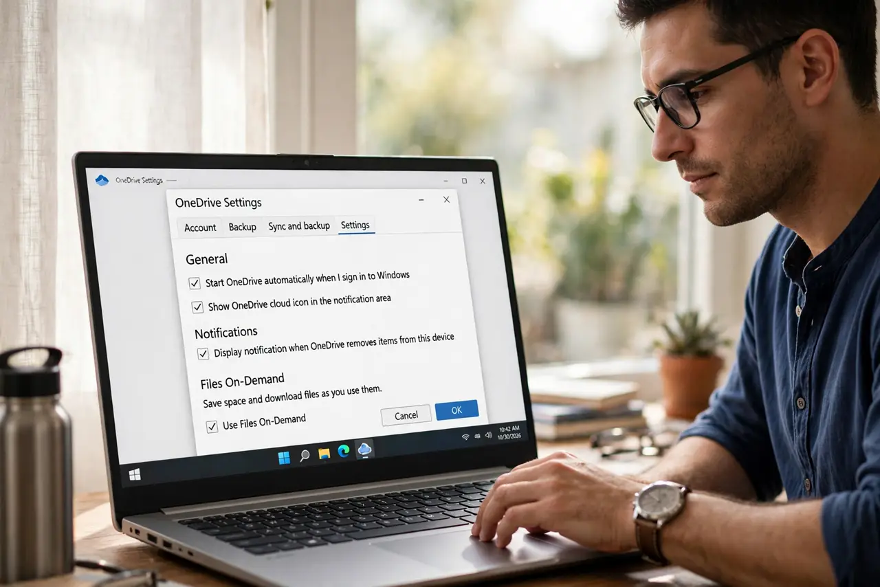 A person calmly performing the guide's first step: Open OneDrive settings.