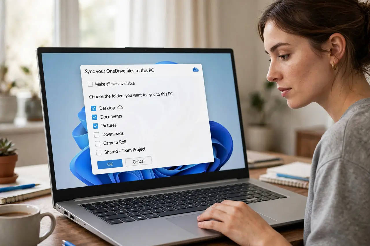 a person using a real Windows 11 laptop, OneDrive sync settings open showing folder checkboxes, the person's hand on the trackpad, face focused, home office. No black screen, no bl.