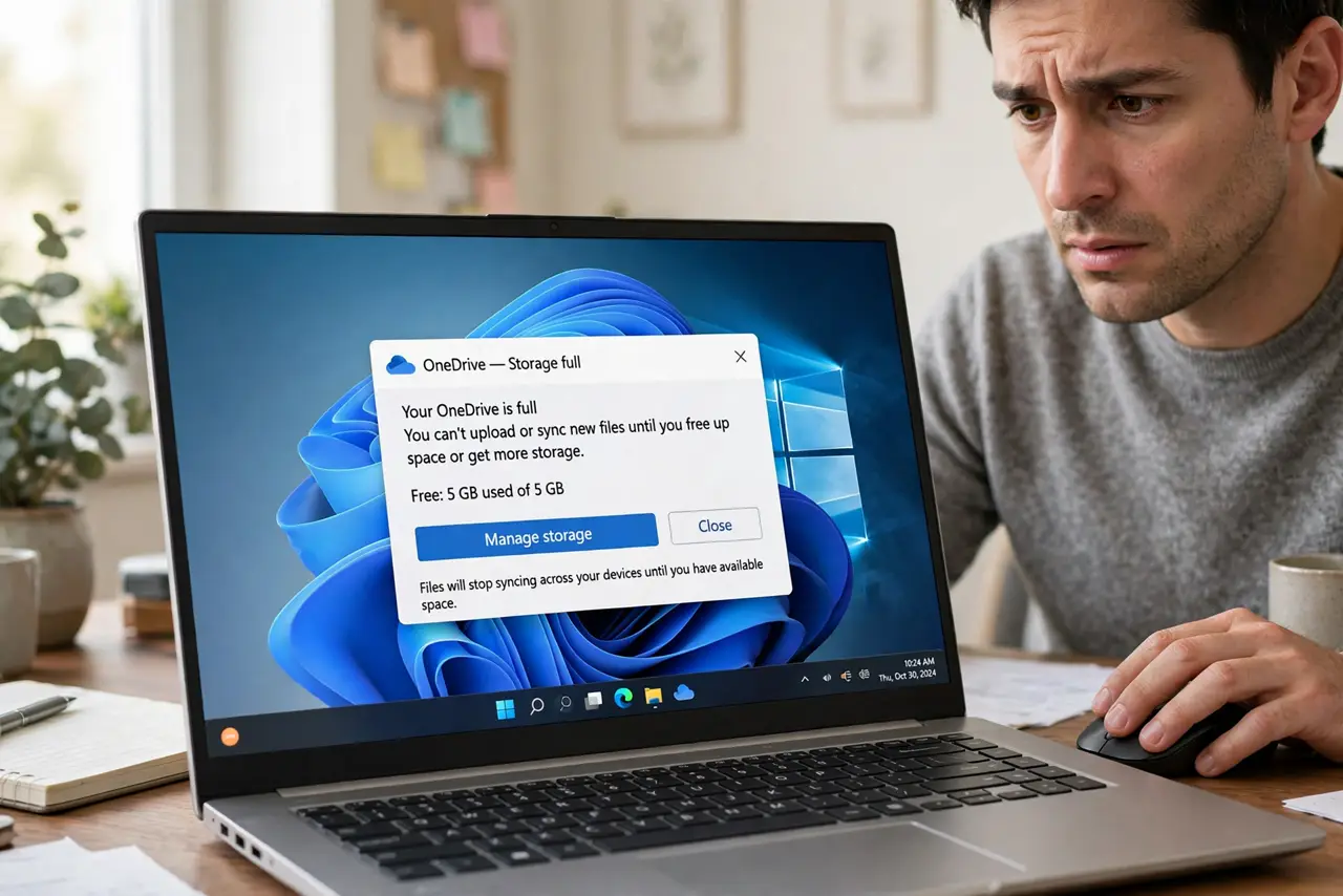 a person looking at a real Windows laptop showing a OneDrive storage full warning, the person's face concerned, hand on the mouse, home office. No black screen, no blank white scre.
