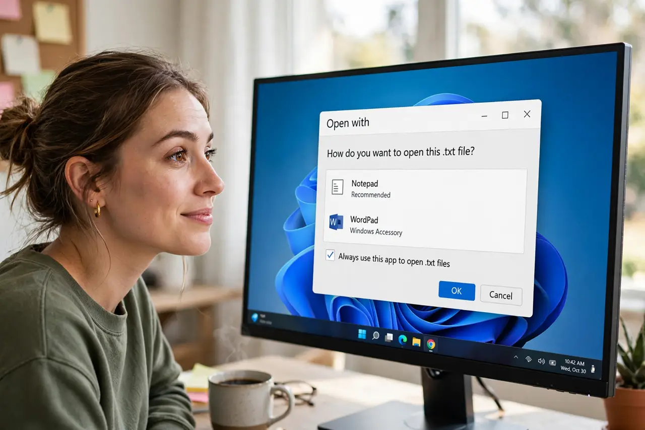 A person looking at the Open With dialog on a real Windows PC monitor showing the 'Always use this app' checkbox fully legible, the person's face hopeful.