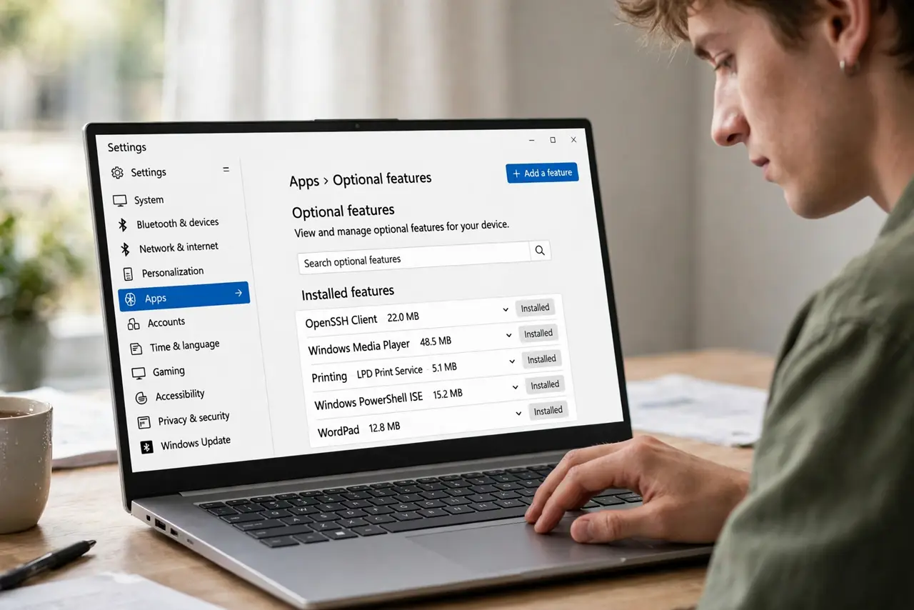 A person carrying out step one: open optional features.