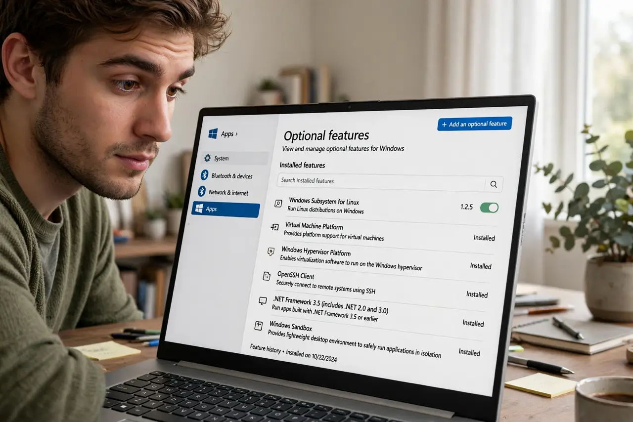A person looking at a real Windows laptop showing Optional Features settings with a legible feature list, the person's face curious, home office.