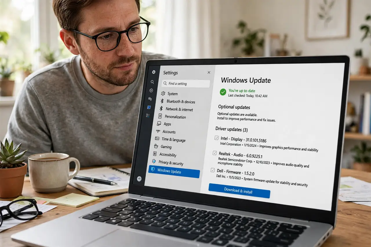 a person looking at a real Windows PC showing the Optional updates screen with legible driver entries, the person's face thoughtful, home office.