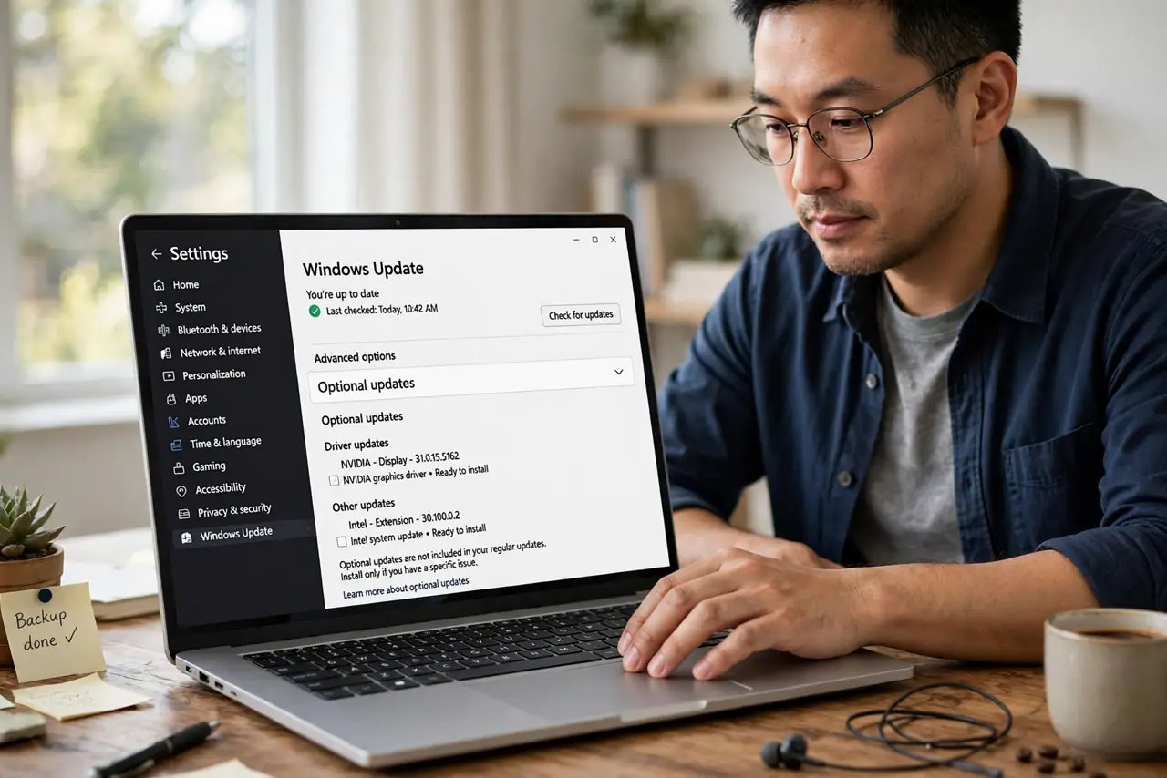 A person performing step 1 of the guide: Open the right Settings page. Go to Settings > Windows Update > Advanced options > Optional updates. The section lives under Advanced opt...