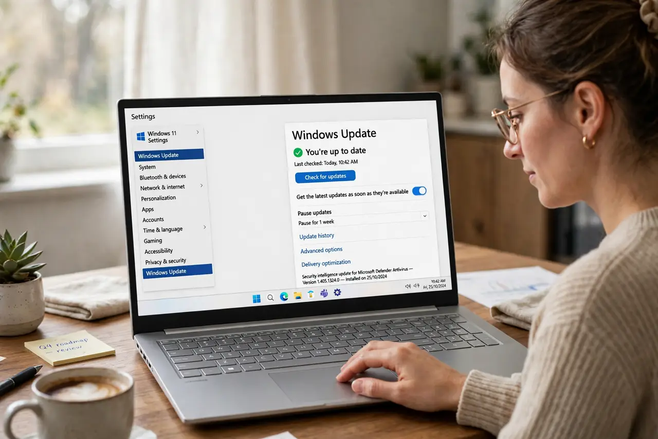 a calm adult at a desk with a real Windows laptop showing the Windows Update settings page with fully legible text, the person scrolling the page.