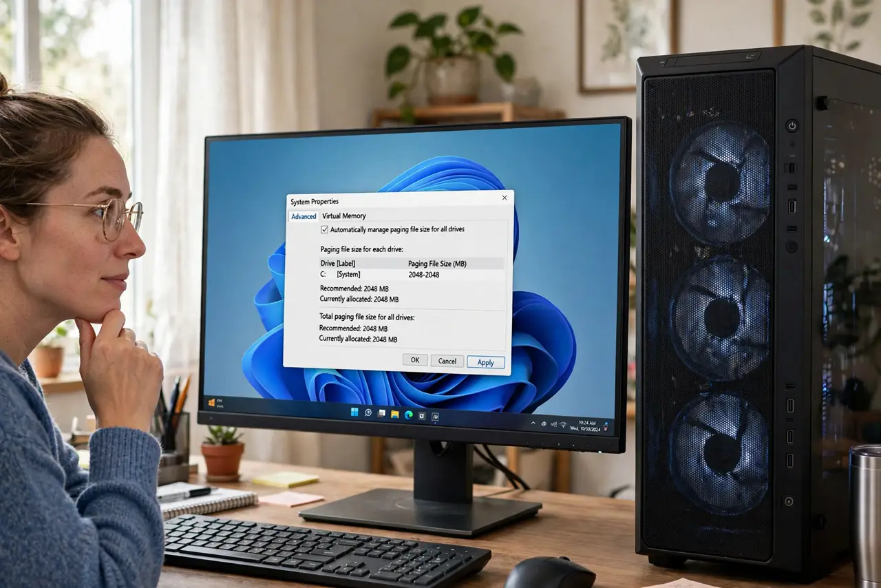 A person viewing a real Windows System properties window showing virtual memory settings with legible text, a desktop PC beside them, the person's face curious, home office.