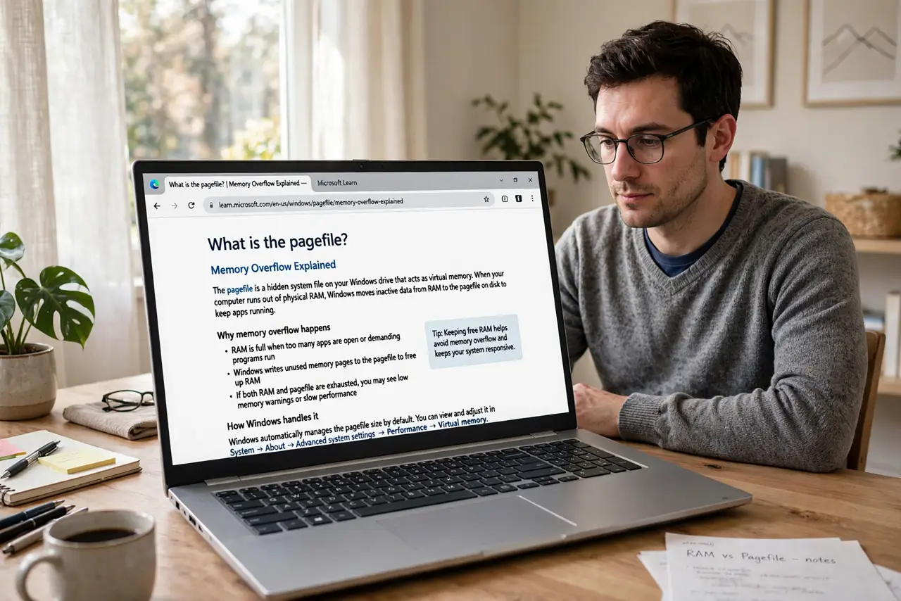 Photoreal photo of a person performing the first step: Understand what the pagefile is. When RAM fills up, Windows parks less-used memory on disk i...