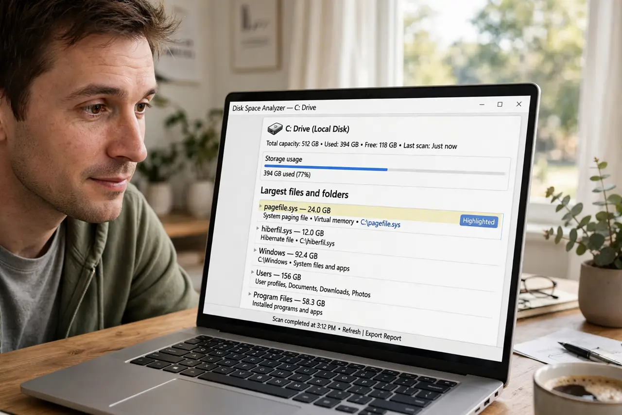 Photoreal photo: a person at a real Windows PC showing a legible disk space analyzer with a large pagefile.sys entry highlighted, the person's face curious, home office. No black screen, no blank white screen, no f...