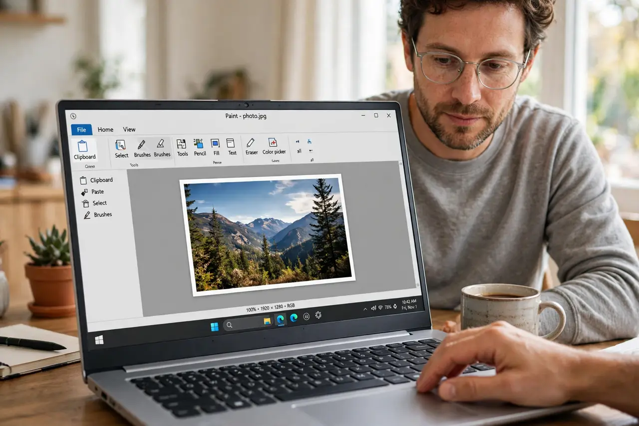 A person calmly performing the guide's first step: Open the photo in Paint.
