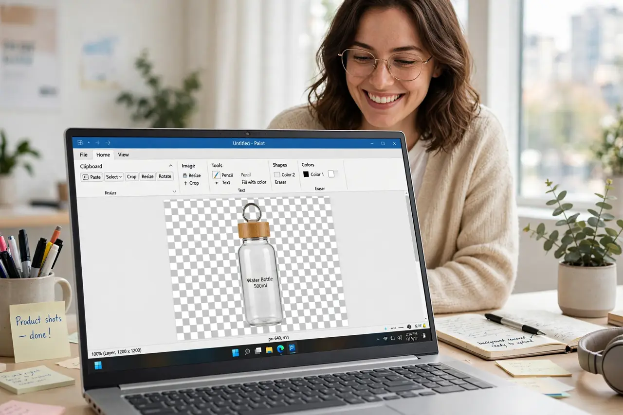 a person using Windows Paint on a real laptop showing a product photo with the background removed and transparency checkerboard legible, the person's face pleased, bright desk. No .