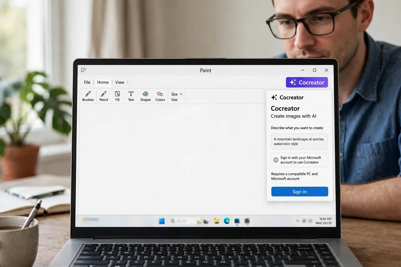 A person performing the first step of the guide: Open Paint and find Cocreator.