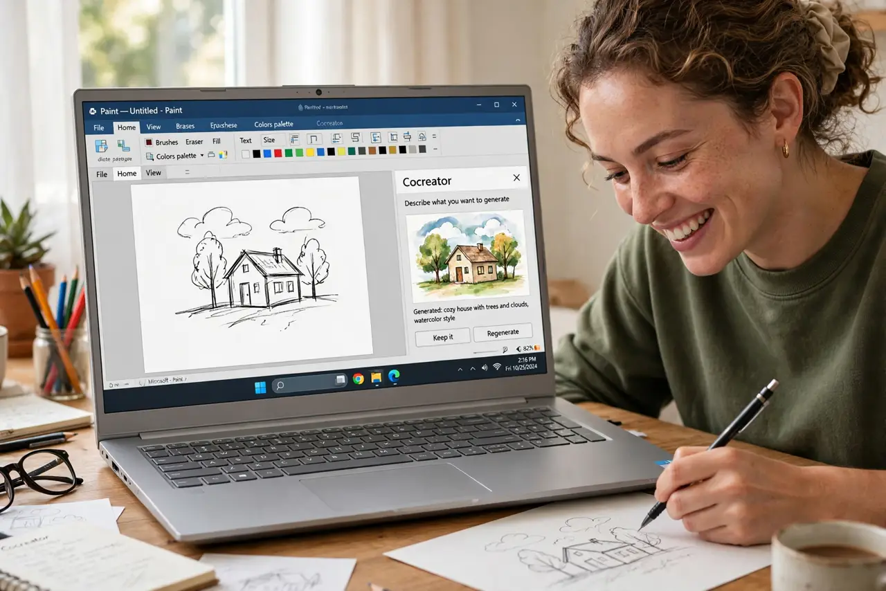a person sketching a rough doodle in real Paint with the Cocreator panel showing a legible generated image beside it, the person's face delighted, home desk.
