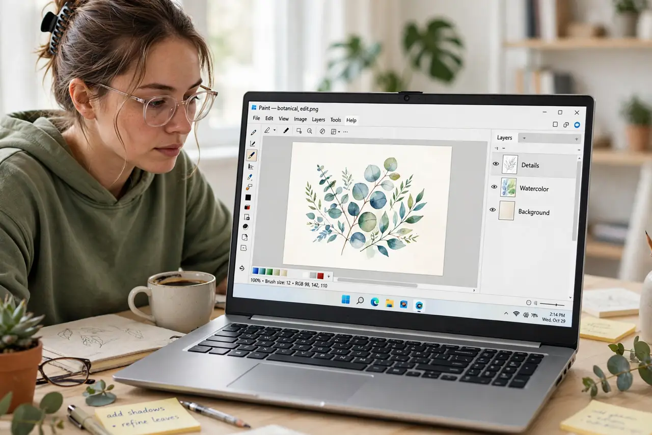a person editing a real image in Windows Paint showing the layers panel with legible layer names, the person's face focused, bright desk. No black screen, no blank white screen, no.