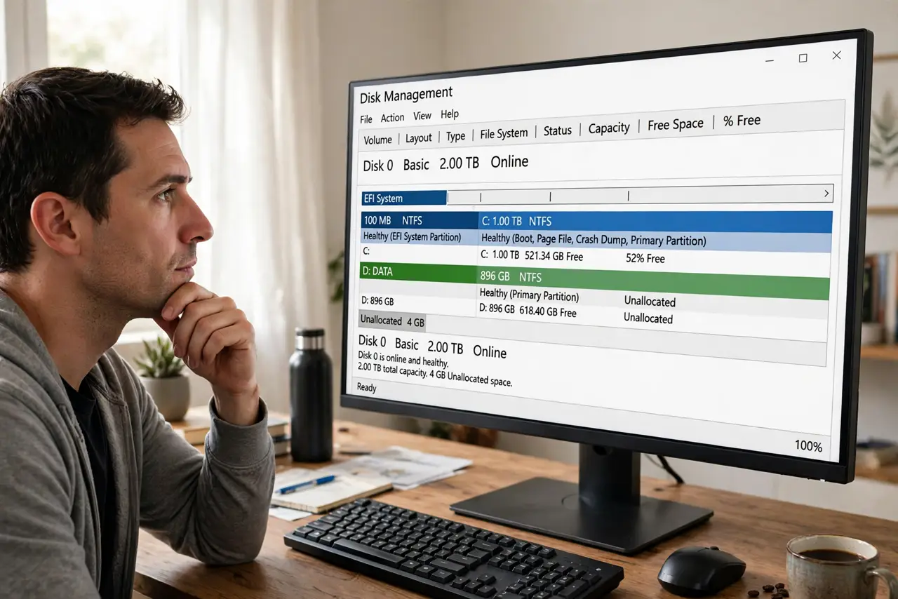 A person looking at the real Windows Disk Management window showing a legible graphical partition layout on a desktop