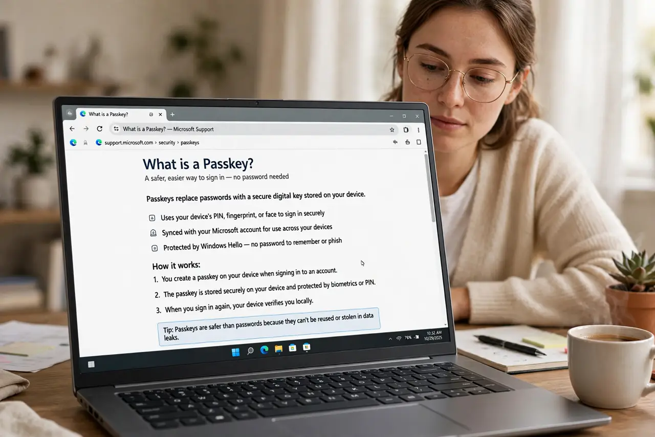 Photoreal photo of a person performing the first step: Understand what a passkey is first. A passkey is a login stored on your device and unlocked ...