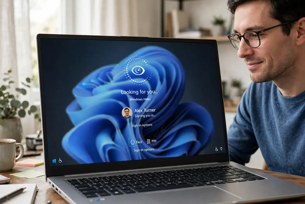 Photoreal photo: a person using Windows Hello face sign-in on a real Windows laptop, the person's face calm, home office. No black screen, no blank white screen, no fake or garbled screen text.