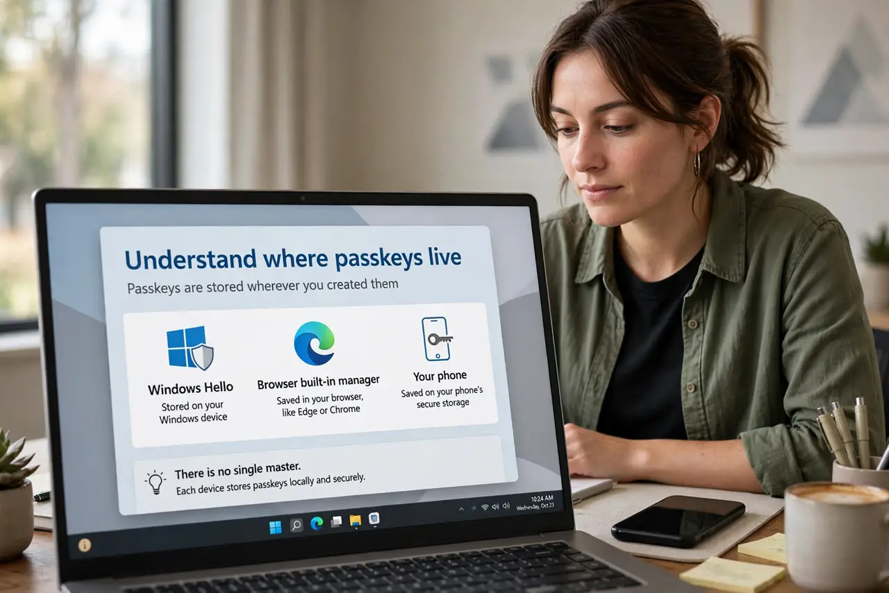A person performing step 1: Understand where passkeys live. A passkey is stored wherever you created it: Windows Hello, your browser's bui.