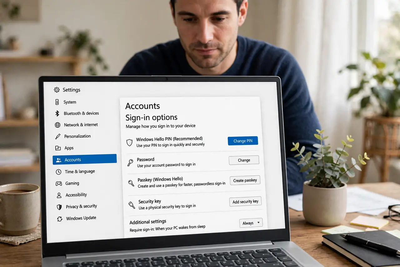 A person reviewing sign-in options on a real Windows PC, the monitor showing a legible accounts settings screen with security options, the person's face focused, home office.