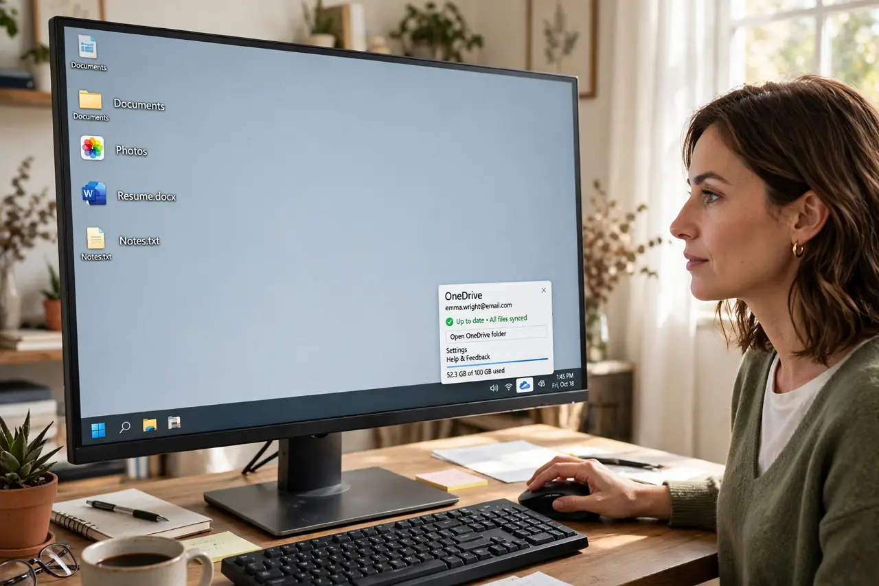 A person performing the first step: Find the OneDrive icon. Click the cloud icon in the system tray near the clock. If.