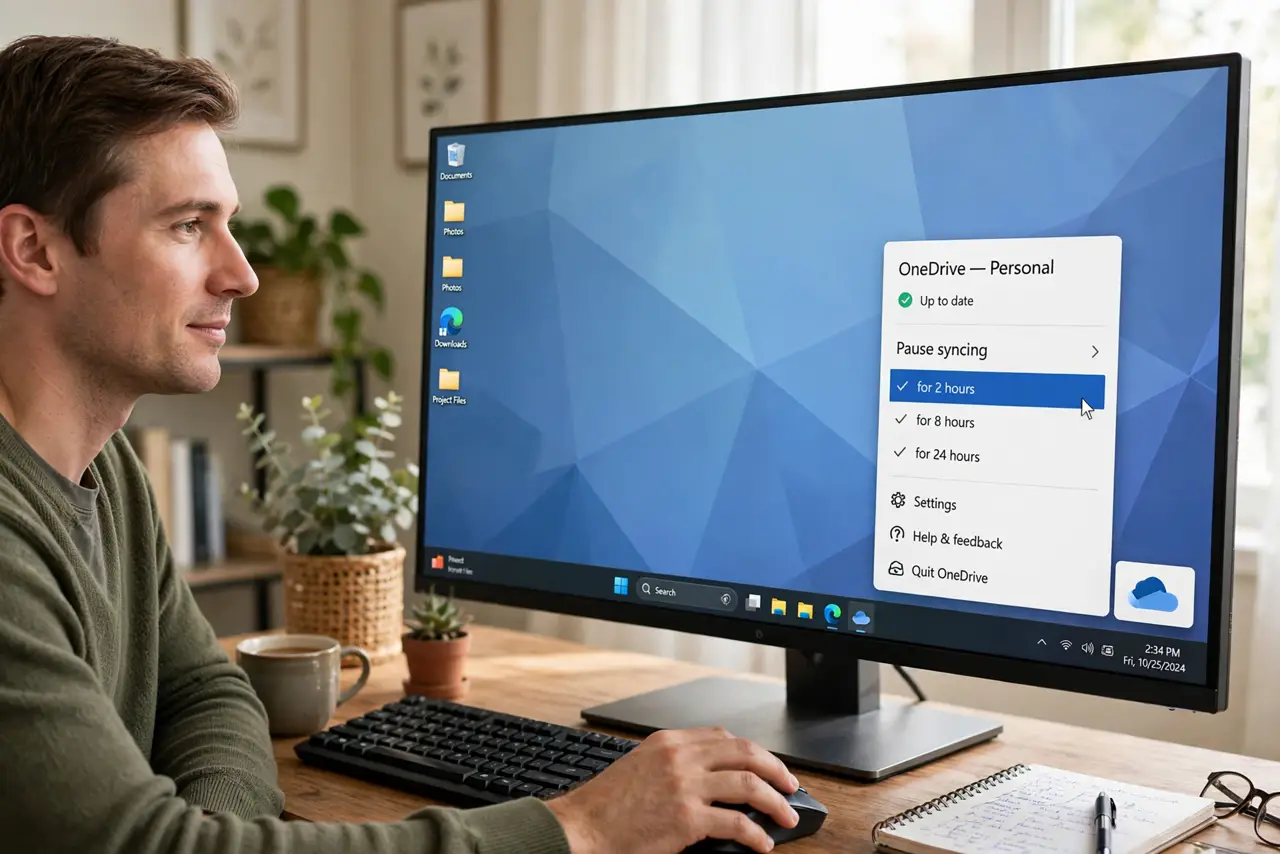A person clicking the OneDrive cloud icon in the Windows system tray with the Pause syncing menu open legibly on a real