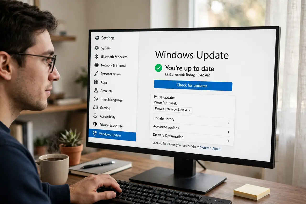 A person performing the first step: Open Windows Update settings. Press Win+I, then choose Windows Update. On older.