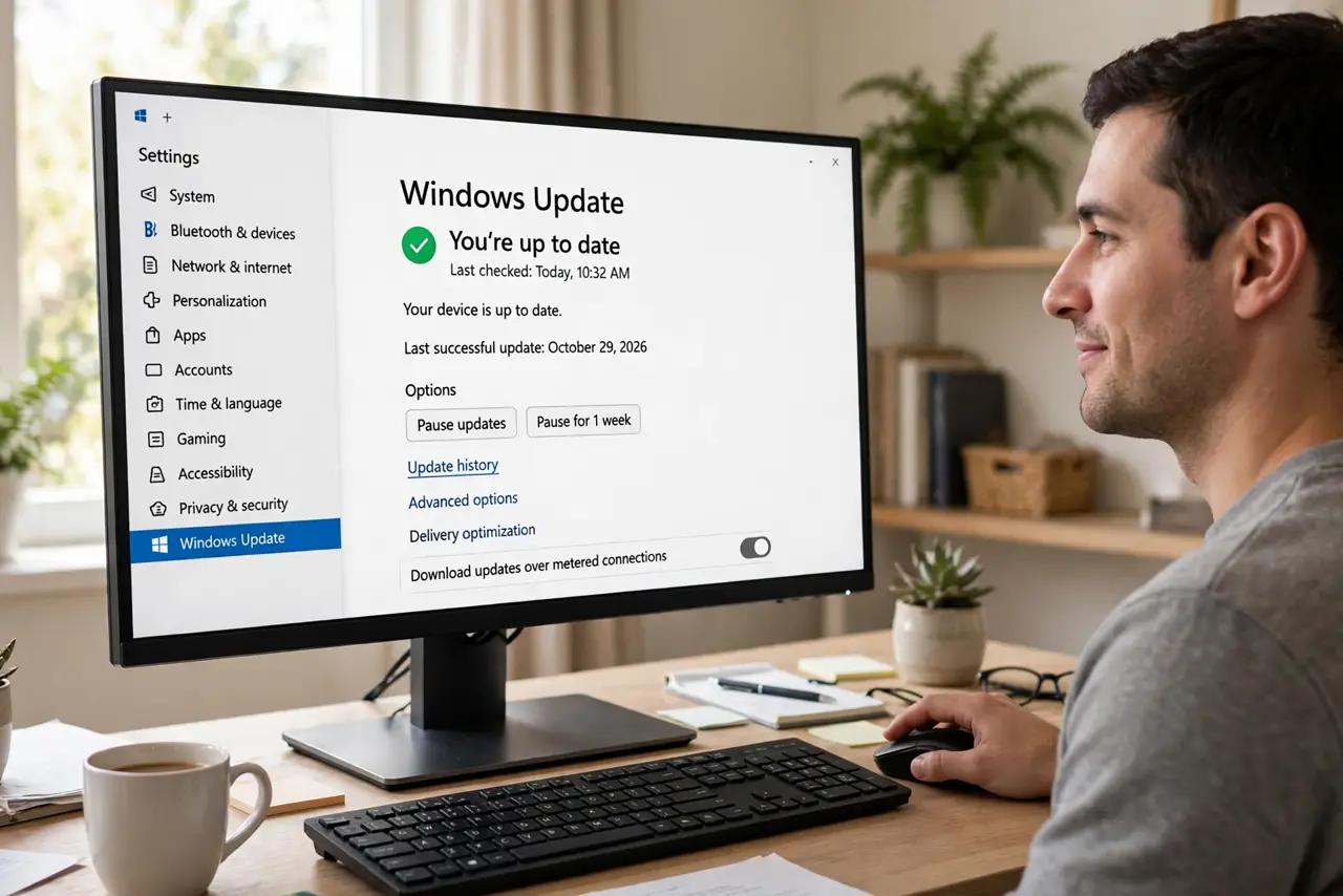 A person sitting at a real Windows desktop PC with the Windows Update settings page open showing legible text on