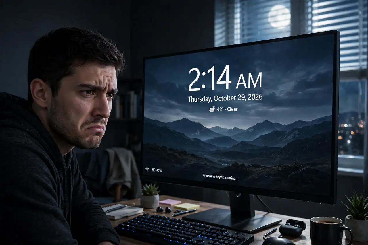 A person looking annoyed at a real Windows desktop glowing awake in a dark bedroom at night, the monitor showing the lock screen legible, the person's face…