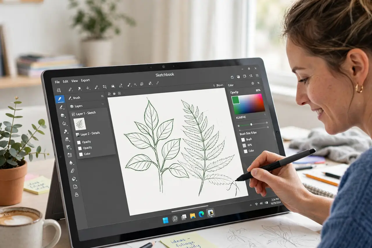 A person drawing on a real Windows tablet with a real stylus, the screen showing a legible drawing app, the person's face focused and pleased, bright desk.
