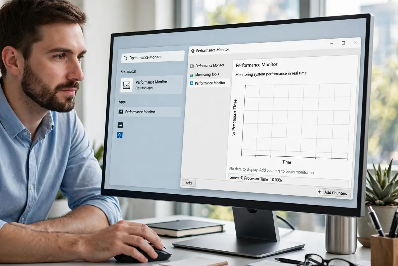 A person performing step 1: Open Performance Monitor. Search the Start menu for “Performance Monitor” (perfmon) and open it. The blank gra.