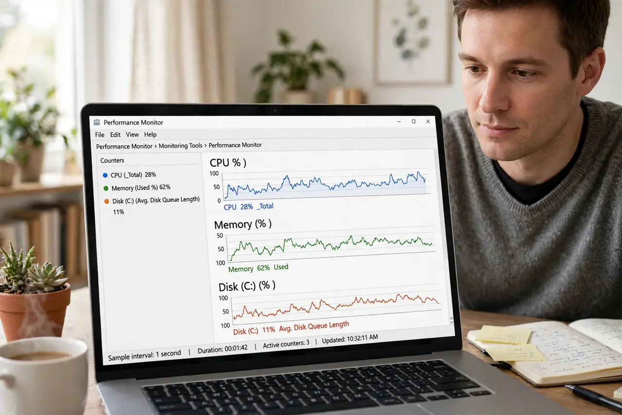 A person looking at the real Windows Performance Monitor on a real laptop showing CPU, memory, and disk counter graphs, the person's face analytical, home office.