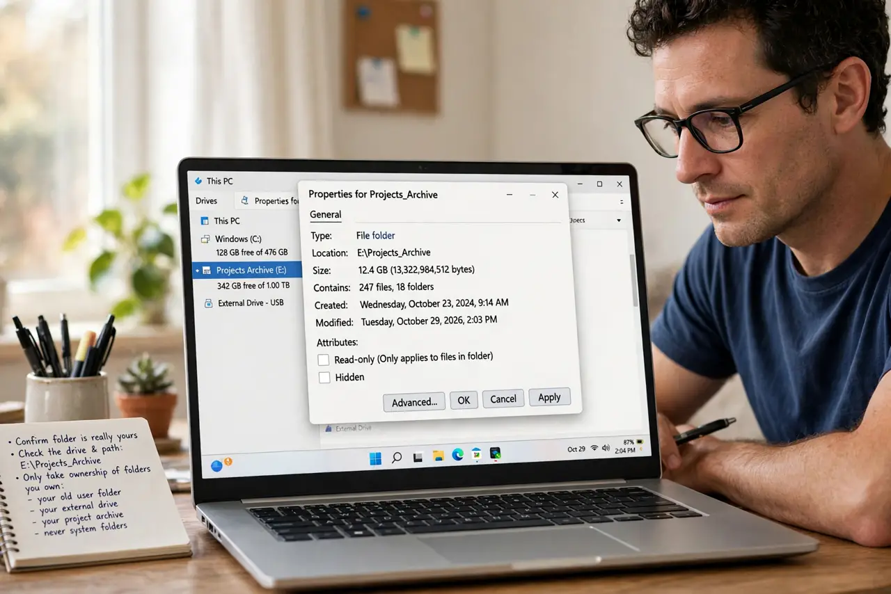 A person performing step 1 of the guide: Confirm the folder is really yours. Check the drive and path. Only take ownership of folders you own — your old user folder, your externa...