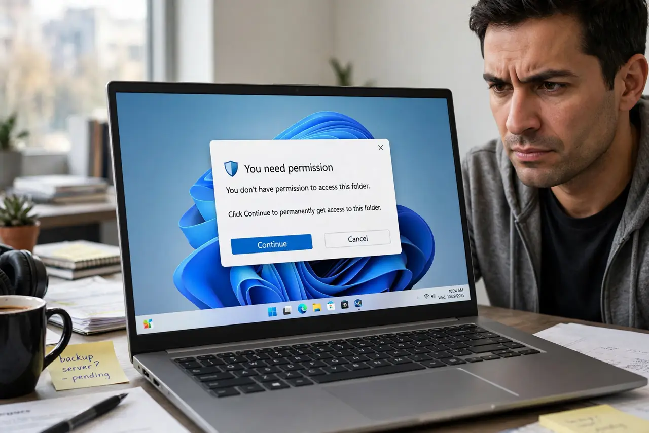a real person at a desk looking at a Windows permission denied dialog on a real monitor, the dialog text fully legible showing You need permission, the person looking frustrated but calm.