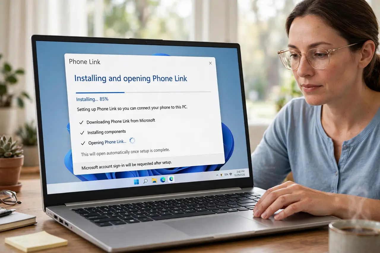 A person calmly performing the guide's first step: Install and open Phone Link.
