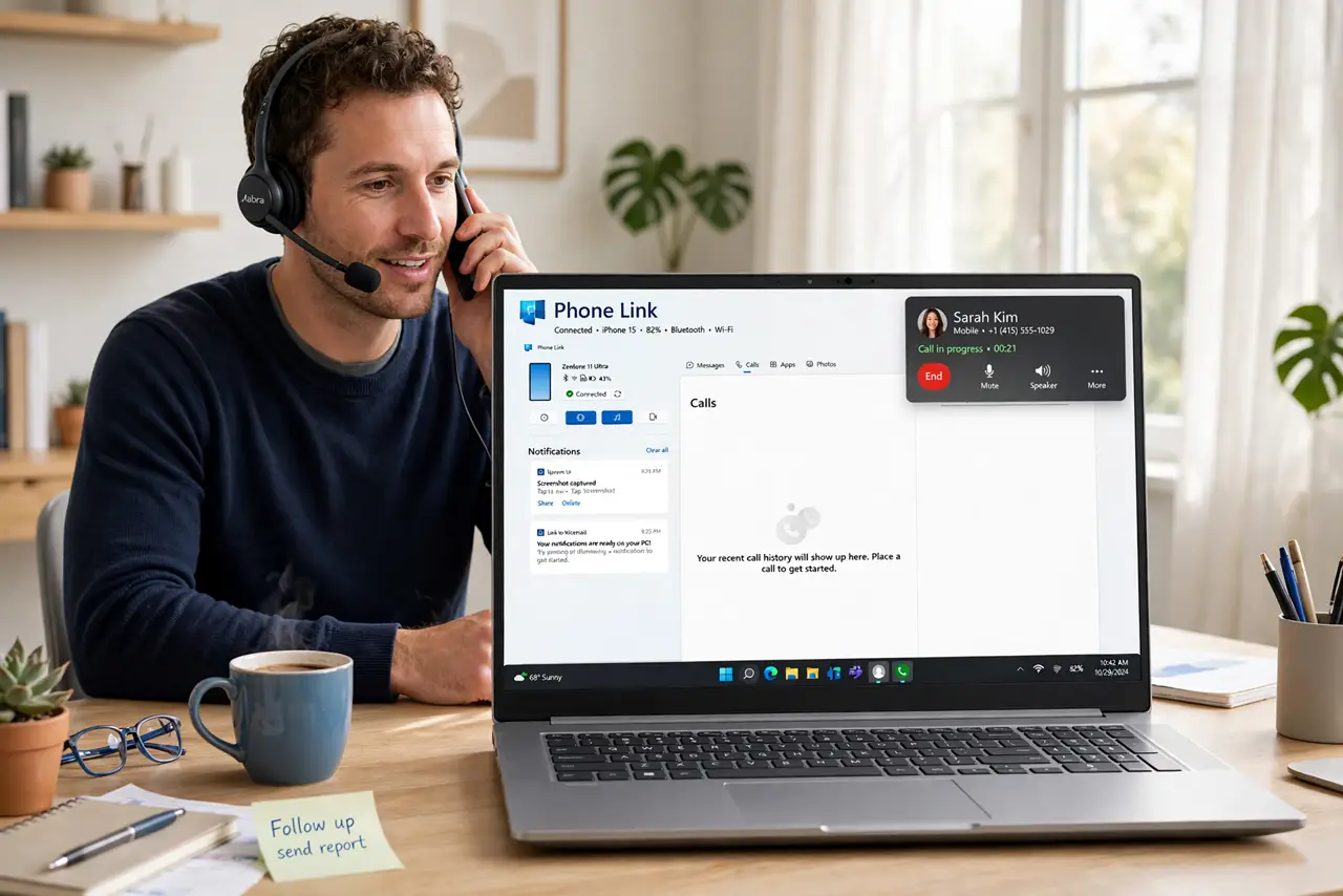a person answering a phone call on a real Windows PC showing the Phone Link call interface with legible caller name, wearing a headset, bright home office. No black screen, no blan.