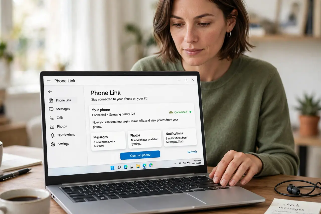 A person calmly performing the guide's first step: Open Phone Link on the PC.