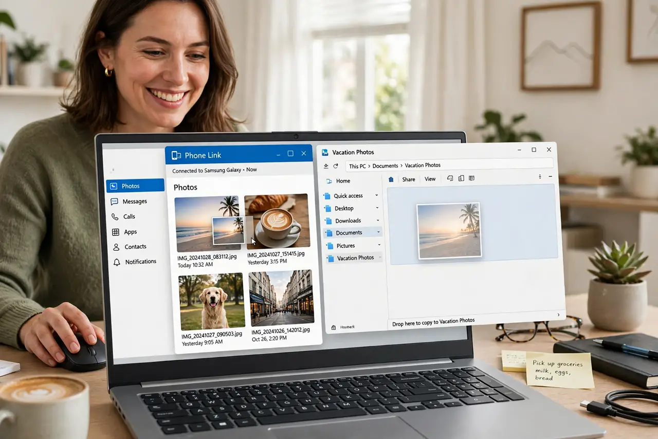 a person dragging a real phone photo from the Phone Link window into a real folder on a Windows PC, both screens legible, the person's face pleased, bright home office. No black sc.