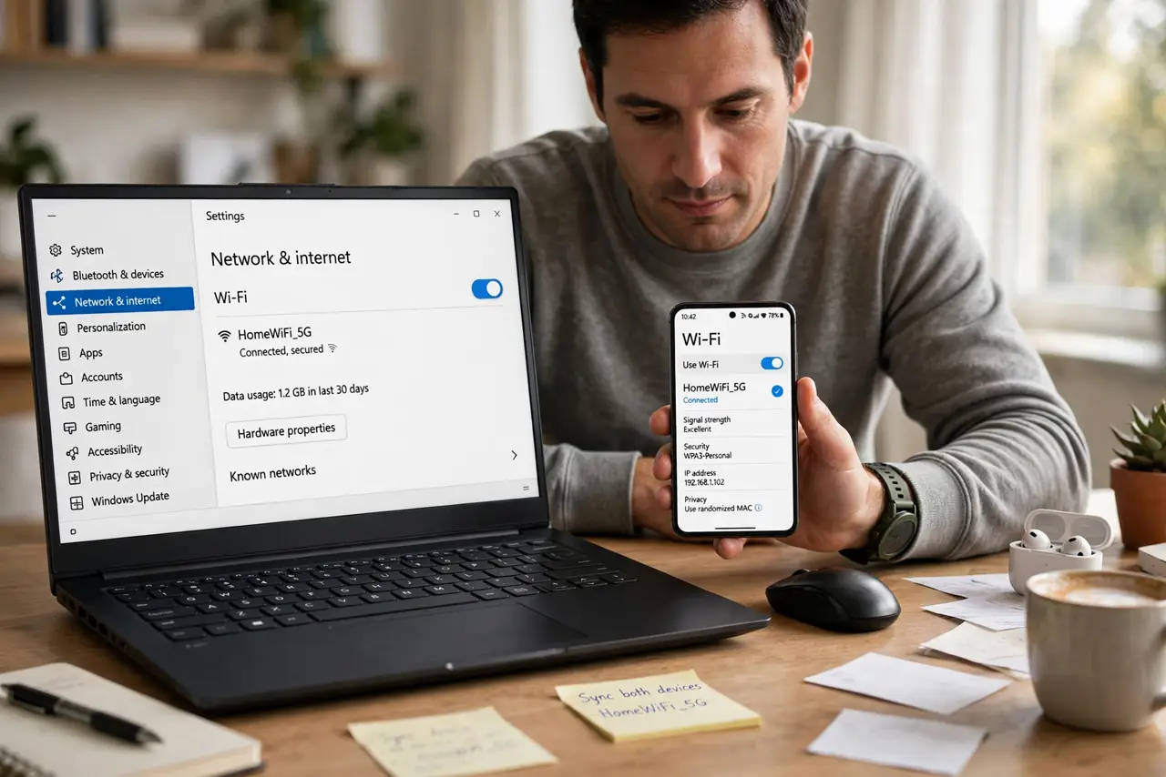 Photoreal photo of a person performing the first step: Put both devices on the same Wi-Fi. Phone Link needs the PC and phone on the same network. A ph