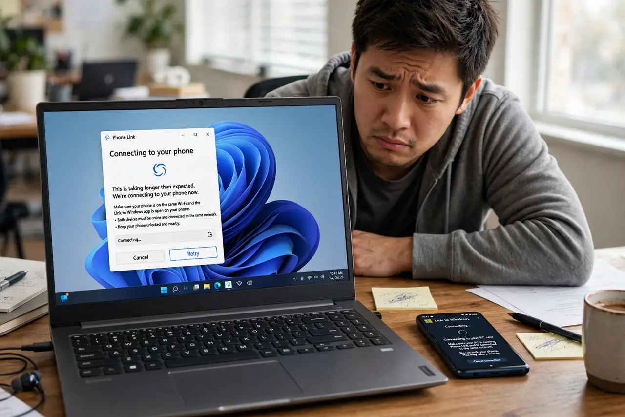 Photoreal photo: a person at a Windows PC with a real monitor showing the Phone Link app stuck on a legible connecting screen, a real Android phone beside showing the companion app, the person's face patient, desk. No black screen, no