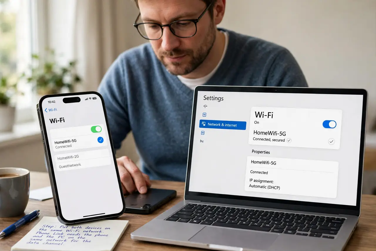 A person performing step 1 of the guide: Put both devices on the same Wi-Fi network. Phone Link needs the phone and the PC on the same network for the data channel. A phone on mo...