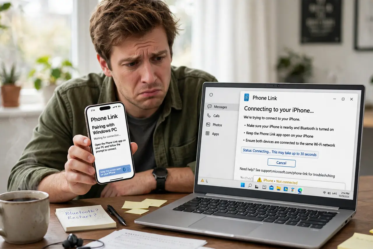 a real person at a desk holding a real smartphone next to a Windows laptop, the Phone Link app visible on the laptop screen with fully legible connecting status text, the person looking at both devices with a puzzled expression.
