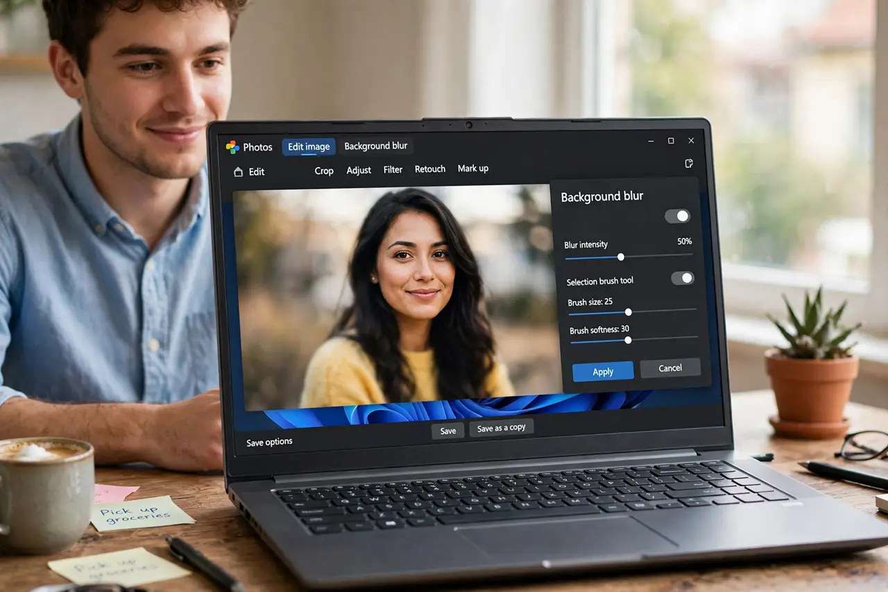 a person blurring a photo background in the real Windows Photos app, the portrait sharp and background softly blurred with legible controls, the person's face pleased, home desk.
