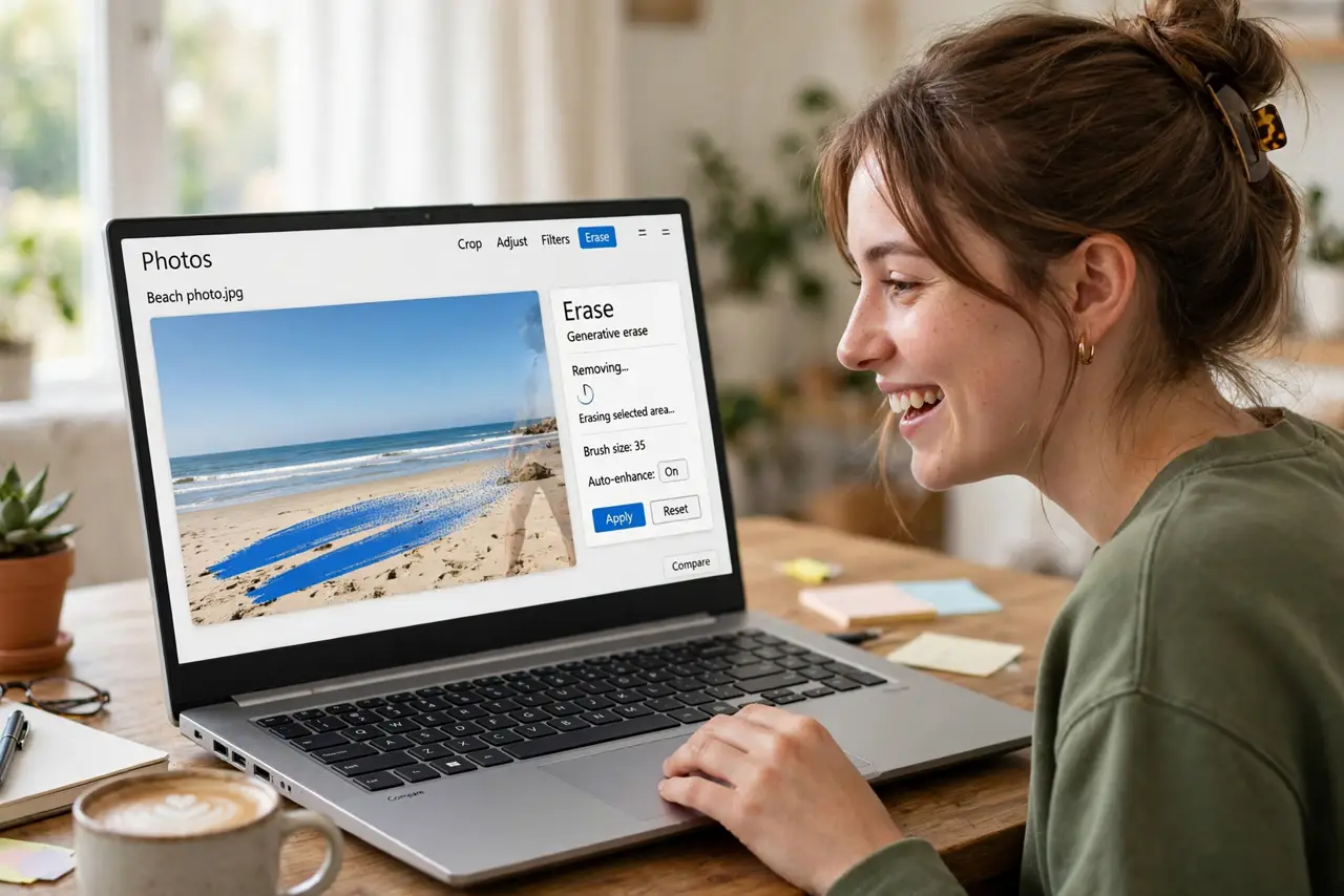 a person erasing a photobomber from a real beach photo in the Windows Photos app, the person disappearing with a brush stroke, the person's face delighted, home desk.